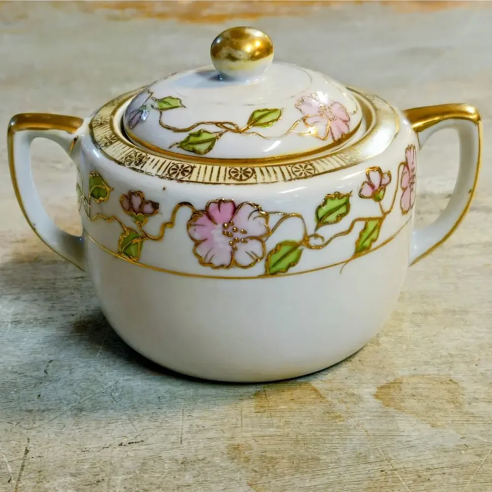 Antique Japanese Nippon Porcelain Cherry Blossom Creamer & Covered Sugar Bowl